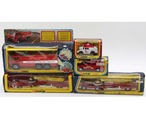 Corgi Toys emergency vehicle group of 5 comprising 2x No. 1143 American La France Fire Engine, No. 1103 Chubb Pathfinder Airp