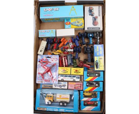 A mixed collection of Matchbox, Corgi, Britains, and Norev Spot-On diecast, with examples including a Matchbox Super Kings K1