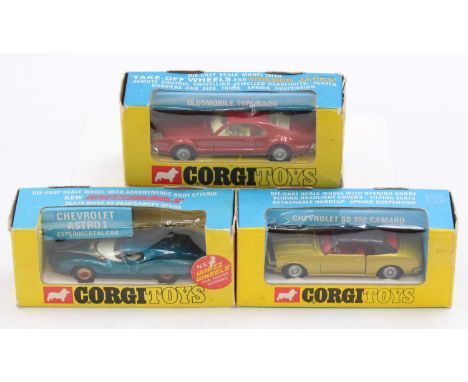 Corgi Toys Golden Jacks and New Whizzwheels boxed model group of 3 comprising No. 276 Oldsmobile Tornado, metallic red, with 