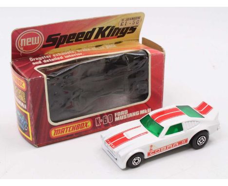 Matchbox Speed Kings K-60 Ford Mustang MK2, white body with green windows, red stripes, Cobra side labels (VGNM-BG)