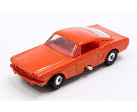 Matchbox Lesney No. 8 Ford Mustang comprising an orange body, with a red interior, and regular wheels, this is the normal col