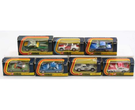 Corgi Toys Whizzwheels boxed group of 7, with examples including No. 319 Lamborghini Miura, No. 509 Porsche Targa Police Car,