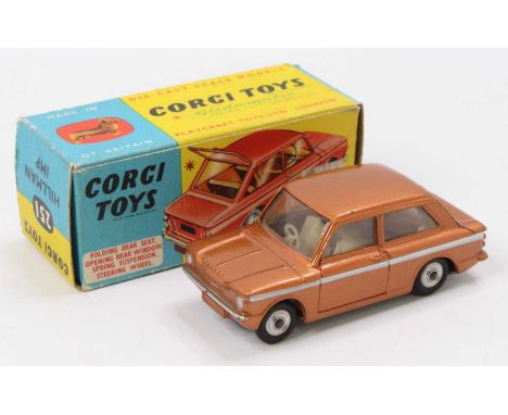 Corgi Toys, 251, Hillman Imp, metallic bronze body with white side flash, spun hubs, in the original blue and yellow card box