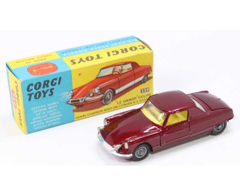 Corgi Toys No. 259 Citroën Le Dandy Coupe comprising of metallic maroon body with yellow interior, housed in the original blu