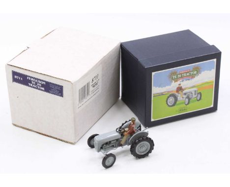 Britains No. 8711 Ferguson TE20 tractor comprising grey body with driver figure raised on anniversary wooden display plinth i