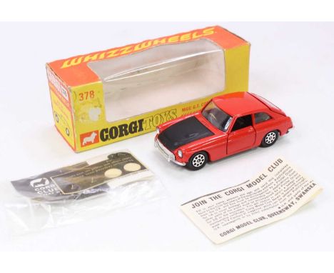 Corgi Toys, 378, MGC GT Competition Model, whizzwheels version, deep orange body, black bonnet and interior, with suitcase, i