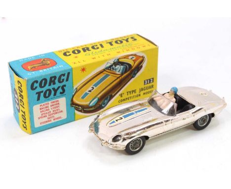 Corgi Toys No. 312 Jaguar E type Competition model in chrome finish with black interior, fitted with wire wheels complete wit