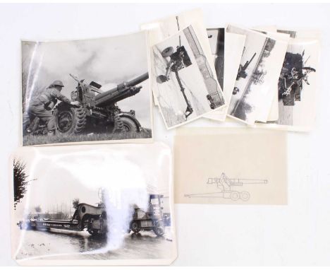 Collection of various original black and white photographs and line drawings of various Military vehicles and field guns, pos