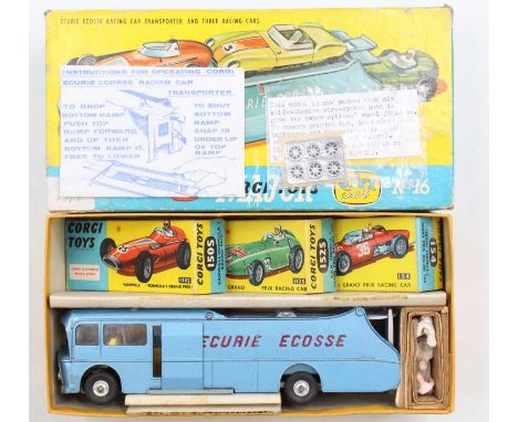 Corgi Major Toys Gift Set No.16 Ecurie Ecosse racing car transporter and three racing cars, metallic light blue, red letterin
