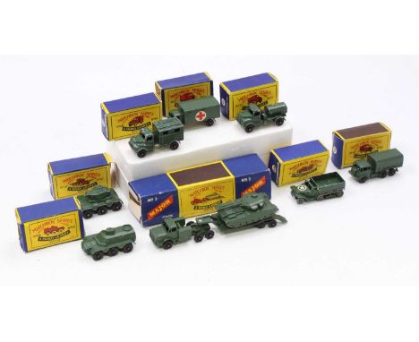 Matchbox Lesney boxed and part boxed military group of 8 with examples including No. 71 Army Water Truck, No. 62 General Serv