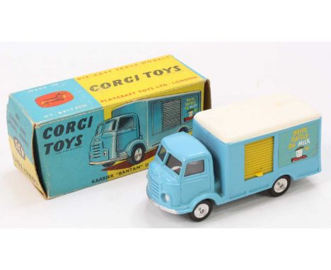 Corgi Toys, 435, Karrier Bantam 'Dairy Produce Van', light blue cab and back with white roof, yellow sliding door, flat spun 