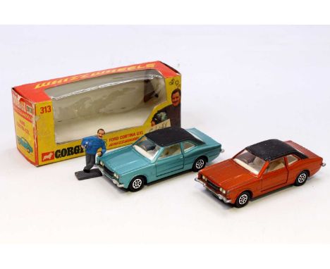 Corgi Toys No. 313 Ford Cortina GXL, light metallic blue with black roof, white interior with Whizzwheels and Graham Hill fig