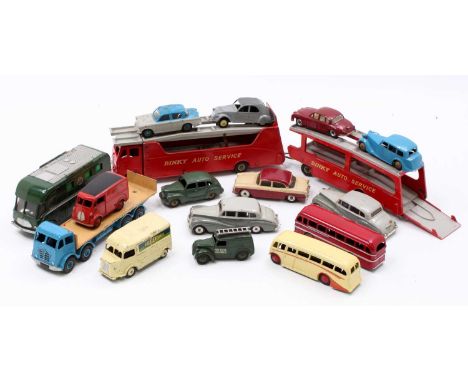 A collection of Dinky Toys in play worn condition, with examples including No. 983 Car Carrier in red &amp; grey, No. 903 Fod