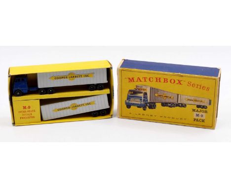 A Matchbox lesney Major Pack M9 Cooper Jarrett Interstate Freighter, blue tractor unit, with silver trailers, and "Cooper-Jar