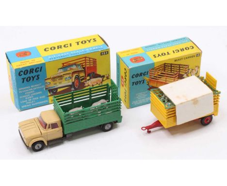 Corgi Toys boxed farming group of 2 comprising No. 484 Dodge Kew Fargo livestock transporter with animals, tan cab with metal