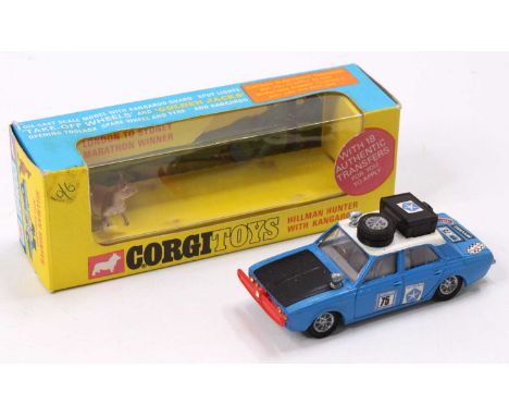 Corgi Toys No. 302 Hillman Hunter Rally Car, blue body with white roof, matt bonnet, RN75, with equipment to roof, partially 