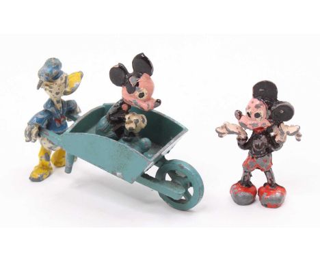 Salco, Mickey and Donald's Garden set, comprising of light blue wheelbarrow pushed by Donald Duck and a seated Mickey Mouse, 
