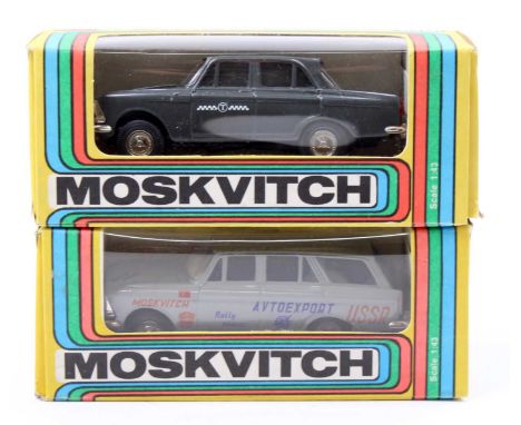 Russian diecast 1/43rd scale Moskvitch, 2 examples, with the first being a Moskvitch Estate Car in light grey, with a white i