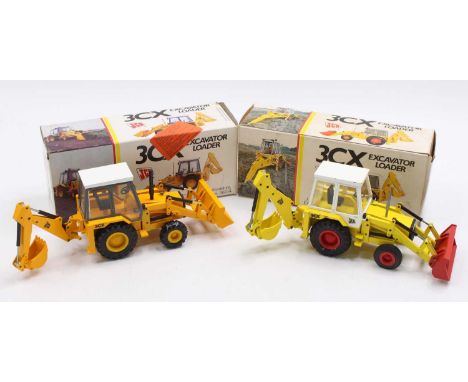 NZG 1/35th scale boxed earth moving equipment, 2 examples of JCB 3CX, with the first being No. 216 in light yellow, with a re