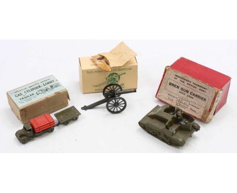 Britains military boxed group of 3 comprising Set No.1879, 00 scale Lorry with gas cylinders, Khaki 4 x wheeled flatbed Lorry