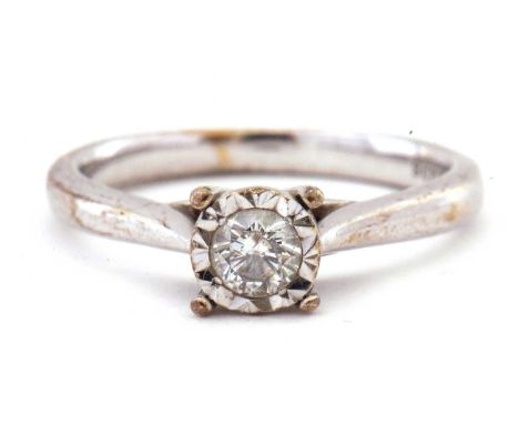 9ct white gold diamond single stone ring, round brilliant cut diamond 0.25ct app in an illusion setting, size M-N (a/f)