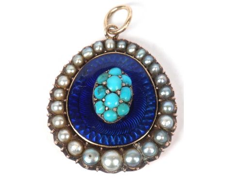 Vintage blue enamel turquoise and pearl pebble shaped pendant, centering a turquoise oval set cluster on a blue guilloche ena