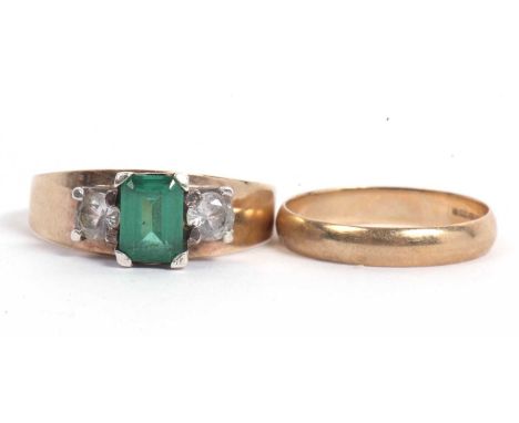 Mixed Lot: Modern 375 stamped wedding ring, plain polished design, size L-M together with a paste set dress ring stamped 9ct,