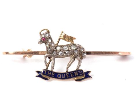 Queen's Royal West Surrey Regimental sweetheart brooch, the paschal lamb set with fourteen small old cut diamonds and having 