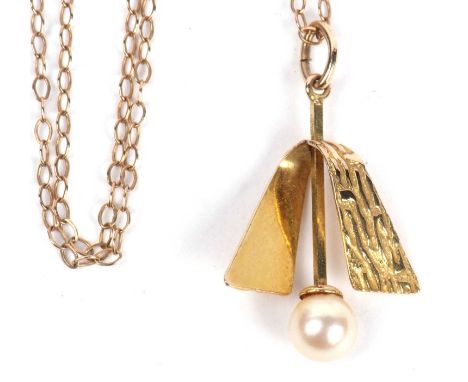 9ct gold and seed pearl pendant, a stylised design, a plain polished and textured pendant with a gold bar between supporting 