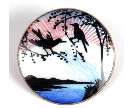 Vintage sterling enamel brooch, the circular panel with a sun setting over water, rocks and birds, 26mm diameter, probably by