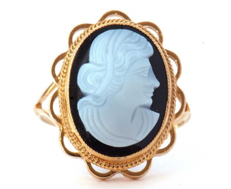 9ct gold glass cameo ring depicting a profile of a lady, bezel set in a beaded and scroll mount, hallmarked for Birmingham 19