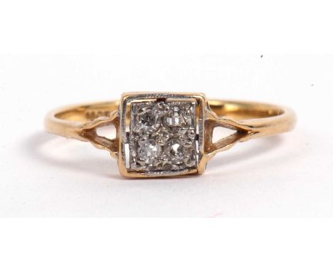 Antique diamond ring, the square panel set with four old cut diamonds between split shoulders, stamped 18ct and plat, size M