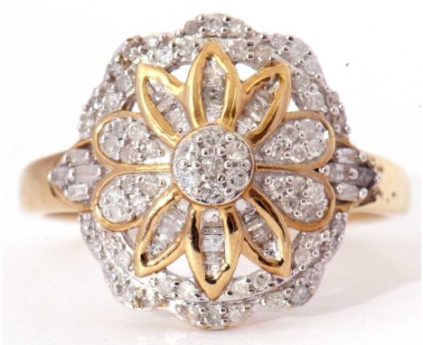 Modern 9ct gold and diamond cluster ring, the pierced panel with a flower head design, highlighted throughout with small sing