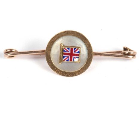 Vintage enamel Union Jack flag brooch, the mother of pearl disc applied with a translucent enamel flag (enamel losses), stamp