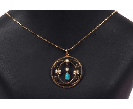 Turquoise and seed pearl open work pendant, a scroll design with a central turquoise and seed pearl dropper, further decorate