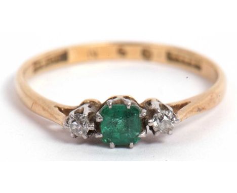 Antique emerald and diamond ring, the small square cut emerald is 4.15x4.15mm, between two small diamonds, stamped 18ct PT, s