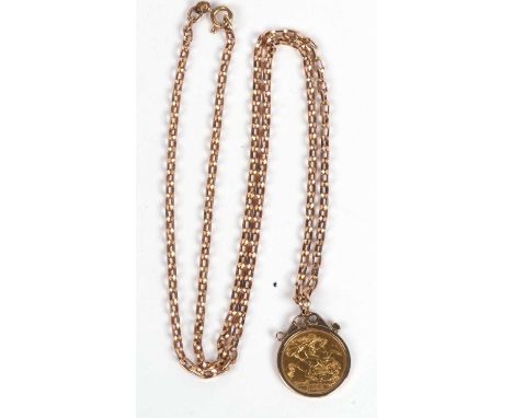 Elizabeth II half sovereign dated 1992 framed in a 9ct gold pendant mount, suspended on a 9ct gold faceted oval link chain, g