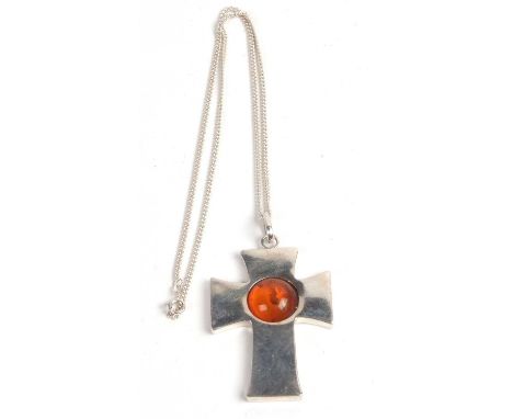 Large 925 and amber cross pendant, 5.5 x 4 cm, suspended from a 925 marked chain
