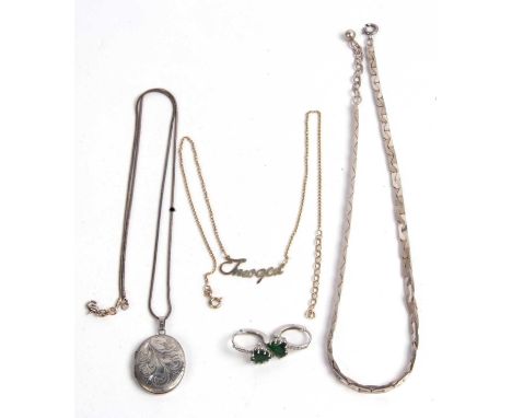 Mixed lot to include a 925 stamped articulated necklace, hallmarked silver locket suspended from a 925 chain, a pair of green