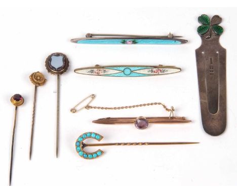 Mixed Lot:  9ct stamped amethyst brooch, cased, two vintage gilt metal and white metal elongated enamel brooch, hallmarked si