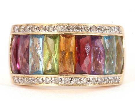 14ct gold rainbow gemstone half hoop ring, parvez set with peridot, amethyst, garnet, citrine and blue topaz between bands of