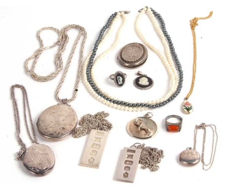 Mixed lot to include two silver ingot pendants with oversized hallmarks, both on white metal chains, a large hallmarked silve