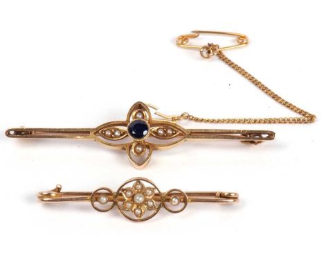 Mixed lot to include a 15ct marked sapphire and seed pearl brooch, 52 mm long, together with a small seed pearl brooch, (test