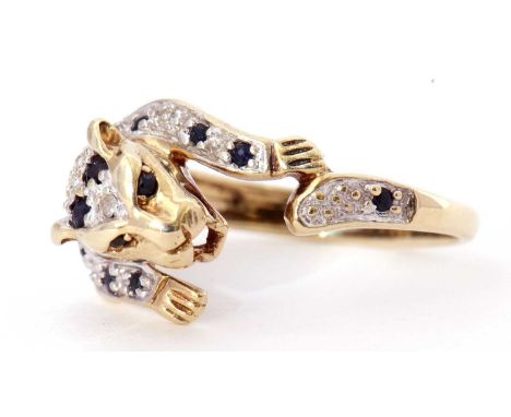 Modern 9ct gold diamond and sapphire panther ring, size M-N