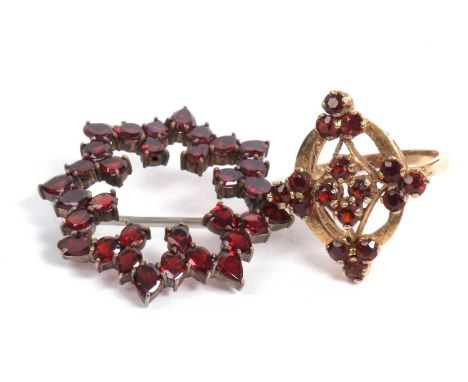 Mixed Lot: 9ct gold garnet set cluster ring. A openwork cross design, size J-K together with a vintage bohumiam style openwor