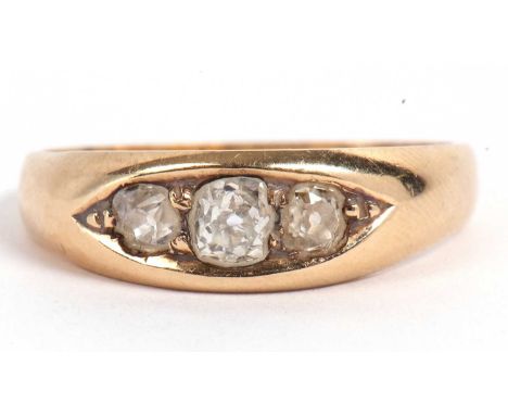 Antique three stone diamond ring, boat shaped featuring three graduated old cut diamonds, 0.25ct app, size M