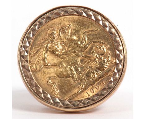 Elizabeth II gold sovereign dated 1963 framed in a 9ct gold ring mount, g/w 13.8gms, size R