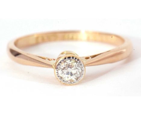 Single stone diamond ring, a round brilliant cut diamond 0.15ct app, bezel set and raised between upswept shoulders, stamped 