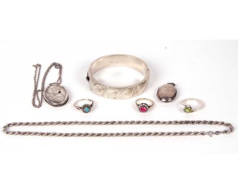 Mixed Lot: Hallmarked silver hinged bracelet, with all over chased and engraved loaf design, hallmarked Birmingham 1965, an o
