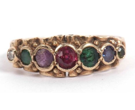 9ct gold 'Dearest'  ring set with seven gemstones each letter of each stone spells 'Dearest', diamond, emerald, amethyst, rub